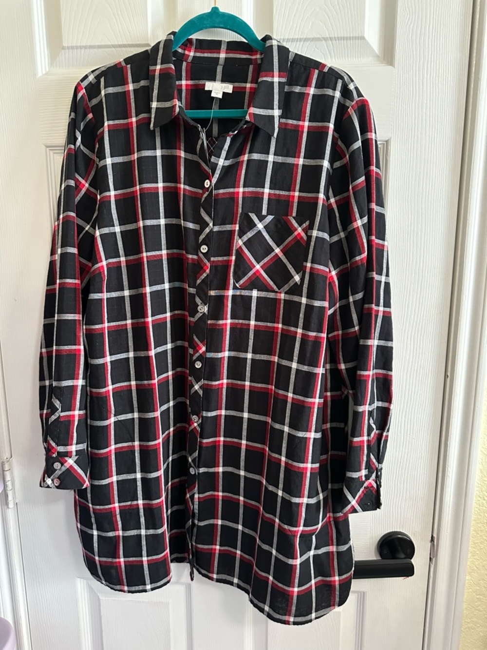 J Jill Red Black Plaid Button Front Tunic Sz XL Roll Tab Sleeves POCKETS NWT